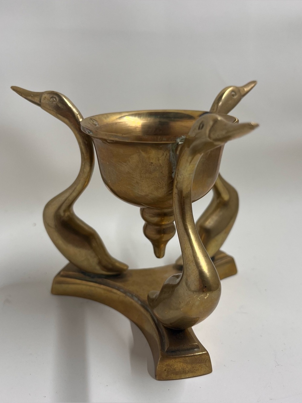 Vintage Small Mid Century Brass 3 Duck Geese Swan Candle Stick Holder 4” H